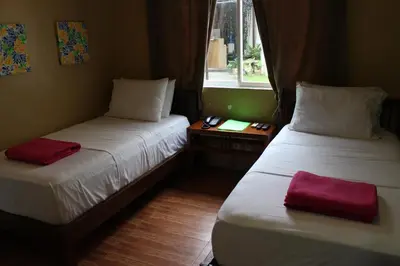 a room with two beds and a window at Purple Tree Bed & Breakfast in Manila