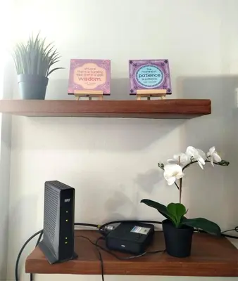 a desk with a computer monitor and some plants on a shelf at SULIT CONDO Unit 2 Santa Mesa Manila in Manila