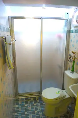 a bathroom with a shower with a toilet and a sink at Madie's Place Guest House in Santa Rosa