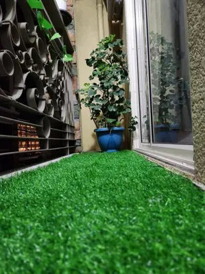 a yard of green grass on the side of a building at Amari Homestay @ Sorrento Oasis Condominium in Manila
