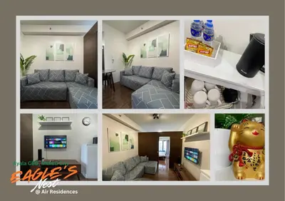 a collage of four pictures of a living room at City View Condo Unit with Netflix & Wifi in Ayala Avenue Makati City in Manila
