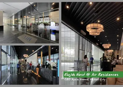 a collage of photos of an office building with a chandelier at City View Condo Unit with Netflix & Wifi in Ayala Avenue Makati City in Manila