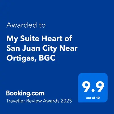 a blue text box with the words my suite heart of san juan city near at My Suite Heart of San Juan City near Greenhills, Ortigas with Roof Garden in Manila