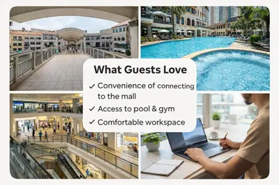 a collage of photos with a woman working on a laptop at 12e Spacious Cozy Suite at The Venice Mall with FREE Parking and Washing Machine in Manila