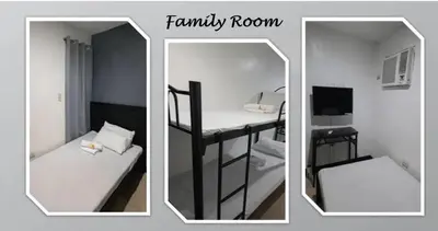 two pictures of a room with a table and a mirror at SB LODGE TAGUIG in Manila