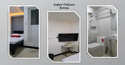 two pictures of a bathroom with a mirror and a bedroom at SB LODGE TAGUIG in Manila