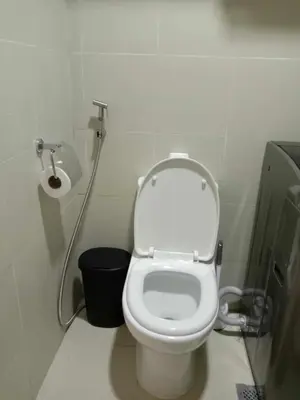 a white toilet in a bathroom with a toilet paper dispenser at OASIS CHIC By THE BAY PASAY CITY Near Mall of Asia in Manila