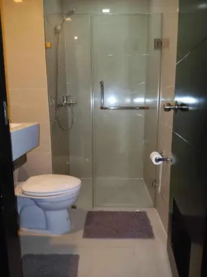 a bathroom with a shower with a toilet and a sink at studio condo building 81 newport boulevard in Manila