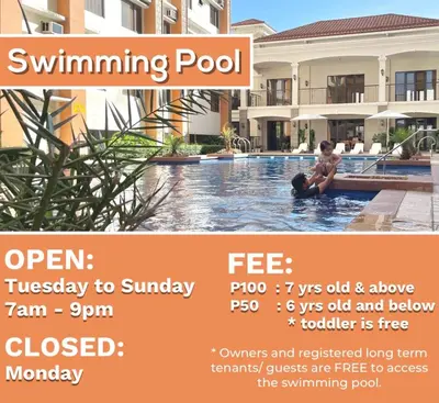 a flyer for a swimming pool at a villa at Bea’s Transient (Condo Studio Room for 2!) in Manila