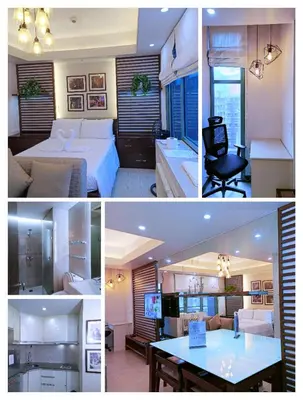 a collage of three pictures of a hotel room at Two Palmtree Villas Across Manila Airport Terminal 3 -JJRMK Condotel in Manila