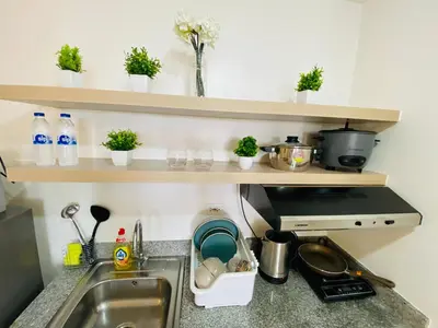 a kitchen with a sink and a counter top with plants at Luxury Two Bedroom with Balcony in SOUTH RESIDENCE of Las Pinas in Manila
