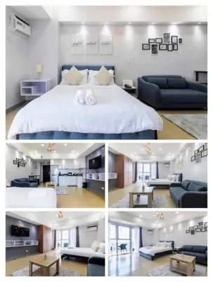 a collage of four pictures of a bedroom at Cozy condo with balcony in Taguig in Manila