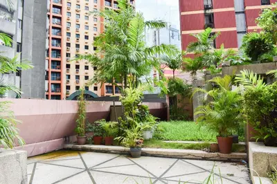 a garden with palm trees in a city at Sunette Tower Suites Makati City Center in Manila