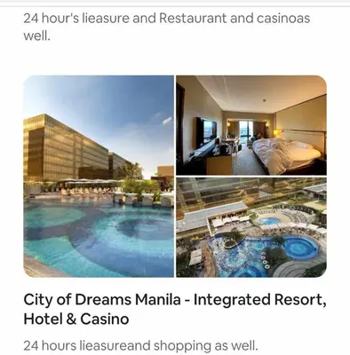 a collage of photos of a hotel and casino at Shell Family Suites Ocean & MOA view in Manila