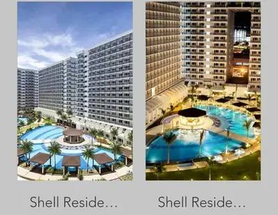 a collage of two pictures of a building at Shell Family Suites Ocean & MOA view in Manila