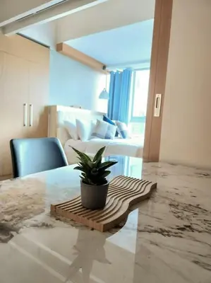 a potted plant sitting on a table in a room at LuxeStaysMnl Coastal Chic Netflx 380MBPS Pool BGC in Manila