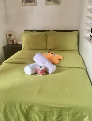 a green bed with two towels and a can on it at Cozy Starpad14R Stamford McKinley Hill in Manila