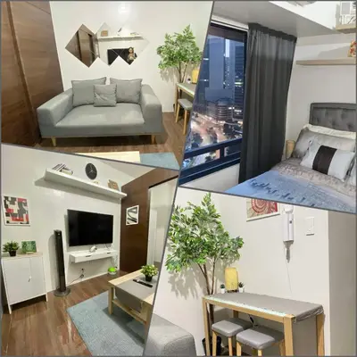 a collage of four pictures of a living room at Cozy 1-BR Flat in Air Residences Makati in Manila