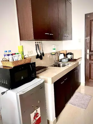 a kitchen with a sink and a microwave at Cozy and nature inspired studio rooms Mandaluyong Edsa at F Residences under new management in Manila
