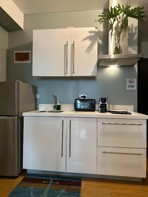 a kitchen with white cabinets and a sink and a refrigerator at DFT Apartment 