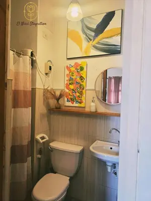 a bathroom with a toilet and a sink at El Nissi Staycation, FAMILY CABIN, CONTEMPORARY CABIN, Enchanted Kingdom in Santa Rosa