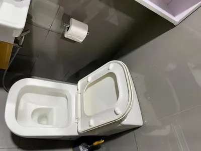 a white toilet in a bathroom with a roll of toilet paper at Woodland Elegance Retreat Symphony of Artistry with Blazing fast 300 Mbps in Manila