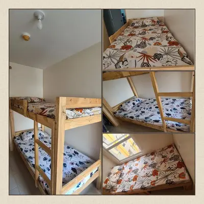 four pictures of a bunk bed in a room at Arveelene Bedspacing in Manila