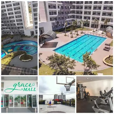 a collage of pictures of a swimming pool in a building at Grace Residences Elevate Escapes - near BGC airport in Manila