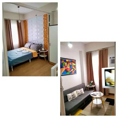 two pictures of a living room and a room with a couch at Sojourn at SMDC Hope Residences in Trece Martires