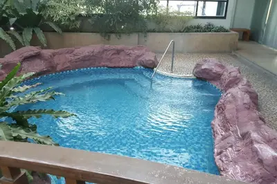 a small pool with a waterfall in a backyard at Executive Suite - BSA Twin Towers, Ortigas Ctr in Manila