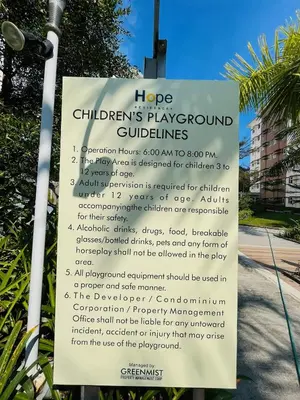 a sign for hope childrens playground guidelines at Amiela’s Place in Trece Martires