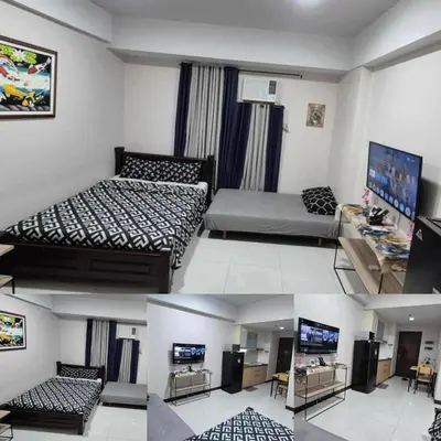 a collage of three pictures of a living room at A&G Condotel at 101 Newport Across NAIA T3 in Manila