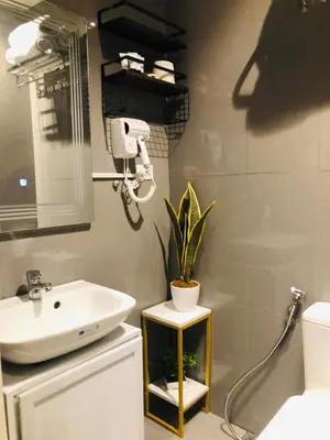 a bathroom with a sink and a mirror and a plant at Urbanview Oasis at Air Residences in Manila