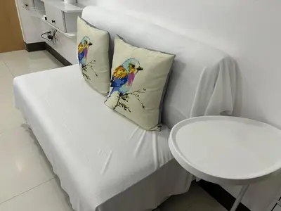 a white couch with two colorful pillows on it at 11B Tower 1 Viceroy Residences Mc Kinley Hill BGC in Manila