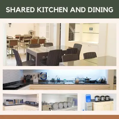 two pictures of a kitchen and dining room at Makati Altean Apartment (Delfin Room) in Manila