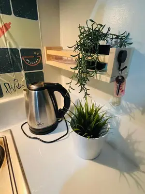 a tea kettle sitting on a kitchen counter with plants at Destina @Air Residences Makati, Metro Manila in Manila