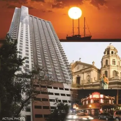 two photographs of a tall building and a city at Manila Bay Views City Delights Stay near St Lukes and US Embassy in Ermita Manila in Manila