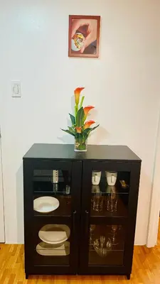a black cabinet with plates and a plant on it at Modern Condo for Couple with Wi-Fi, Netflix & Kitchen, 1 min to MRT Boni in Manila