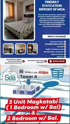 a flyer for a bedroom with a bed and a poster for a bed at 5 Years Legit Staycation Infront of Moa, 2 Bedroom with Balcony at Sea Residences Tower A, Near Arena , Smx, Picc, Dfa Macapagal, World Trade, Star City, Ayala Mall, & Naia Sea Residences Tower A in Manila