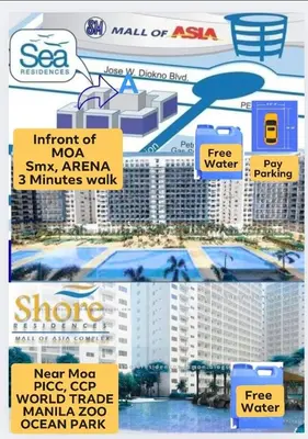 a collage of two pictures of a building at 5 Years Legit Staycation Infront of Moa, 2 Bedroom with Balcony at Sea Residences Tower A, Near Arena , Smx, Picc, Dfa Macapagal, World Trade, Star City, Ayala Mall, & Naia Sea Residences Tower A in Manila