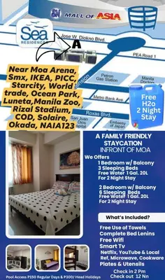 a flyer for a room with a bed and a banner at 5 Years Legit Staycation Infront of Moa, 2 Bedroom with Balcony at Sea Residences Tower A, Near Arena , Smx, Picc, Dfa Macapagal, World Trade, Star City, Ayala Mall, & Naia Sea Residences Tower A in Manila