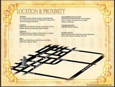a sheet of paper with a diagram ofocation and proximity at Long term Rental of 2 BR Condo @Malate, Manila (opp Robinson Place Mall) in Manila