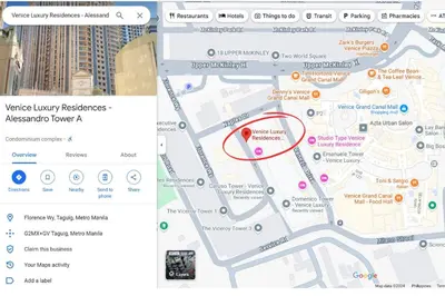 a screenshot of a google maps page with a red circle at Luxury Bgc Condo Near Venice Mall #vlra22e in Manila
