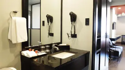 a bathroom with a sink and a large mirror at Amelie Hotel Manila in Manila