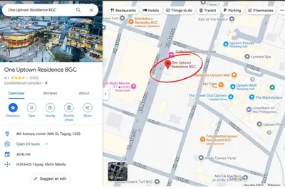 a screenshot of a google map with a red circle at Bgc Staycation Across Uptown Mall #oursw29f in Manila
