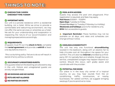 a screenshot of a page of a text explaining things to note at Bgc 1br Condo Across Uptown Mall, Hyatt #oursw7b2 in Manila