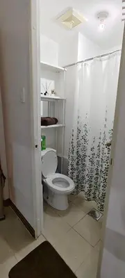a bathroom with a toilet and a shower curtain at JJMC HOMESTAY 32 With Netflix and Unli Wifi in Manila