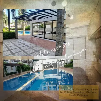 a collage of photos of a house with a swimming pool at ALABANG STUDIO unit w/ high speed Fiber WIFI in Manila