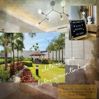 a collage of photos of a building with a sign at ALABANG STUDIO unit w/ high speed Fiber WIFI in Manila