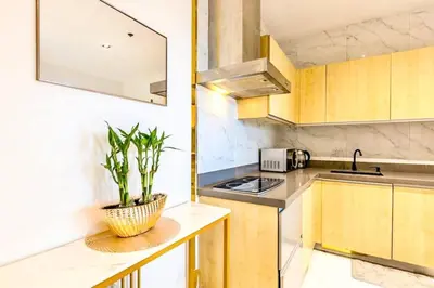 a kitchen with wooden cabinets and a plant on the counter at Kaiyana Apartments in Manila